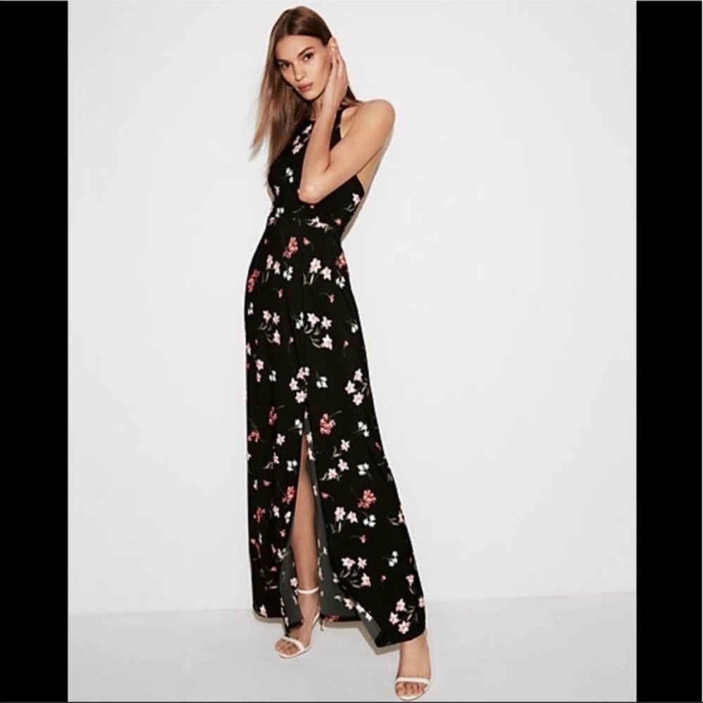 Black Floral Halter Maxi Dress with Side Slit
